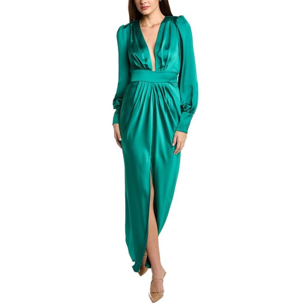 Ramy Brook Green Ruched Maxi Dress with Plunge Neckline
